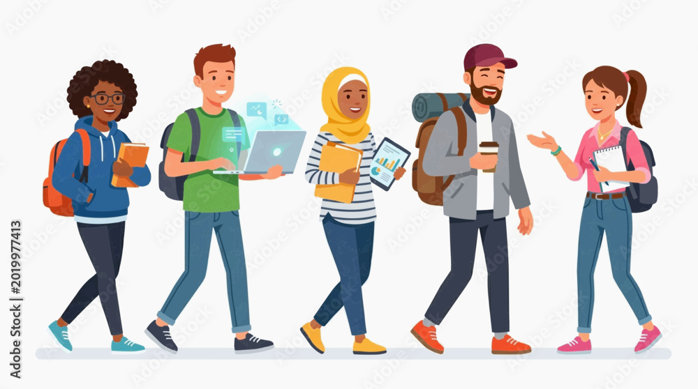 Obraz premium Five students walking together happily, each carrying items, with diverse backgrounds. They are on a journey together, full of hope, ambition, and excitement.