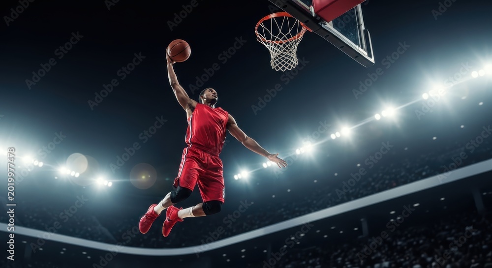 Fototapeta premium Professional Basketball Player in Red Uniform Performing a Powerful Sl
