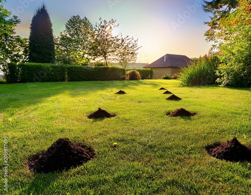 lawn in the garden with mole hills