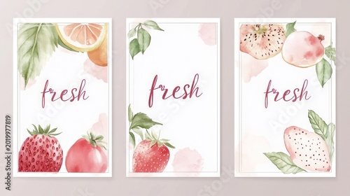 Watercolor fruit illustrations, fresh produce, poster art, digital design