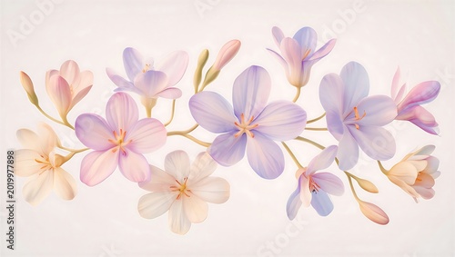 Delicate pastel freesia flowers with soft lighting against a pale background for elegant design