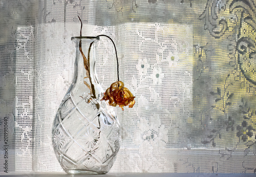 A glass vase with one faded tulip