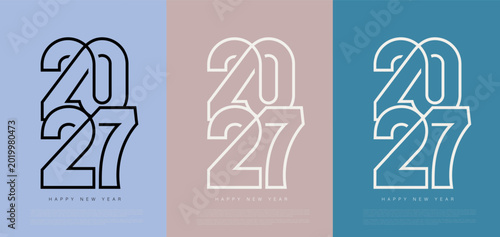 Happy New Year 2027 celebration banner with elegant one line logo drawing. Festive poster and social post design, minimal vector typography for greeting cards and seasonal branding.