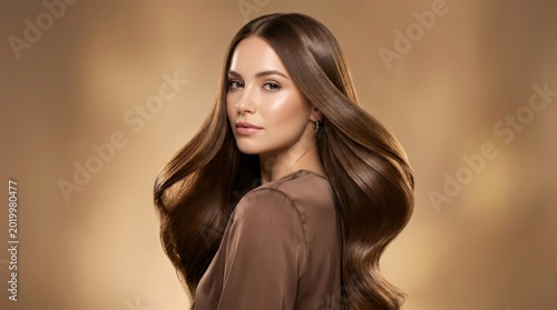 Long shiny brown hair with a sleek style for keratin treatment and spa hair care.