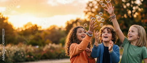 Three diverse children catching soap bubbles in a park at sunset. Happy kids playing outdoors during golden hour. Wide banner with copy space for text