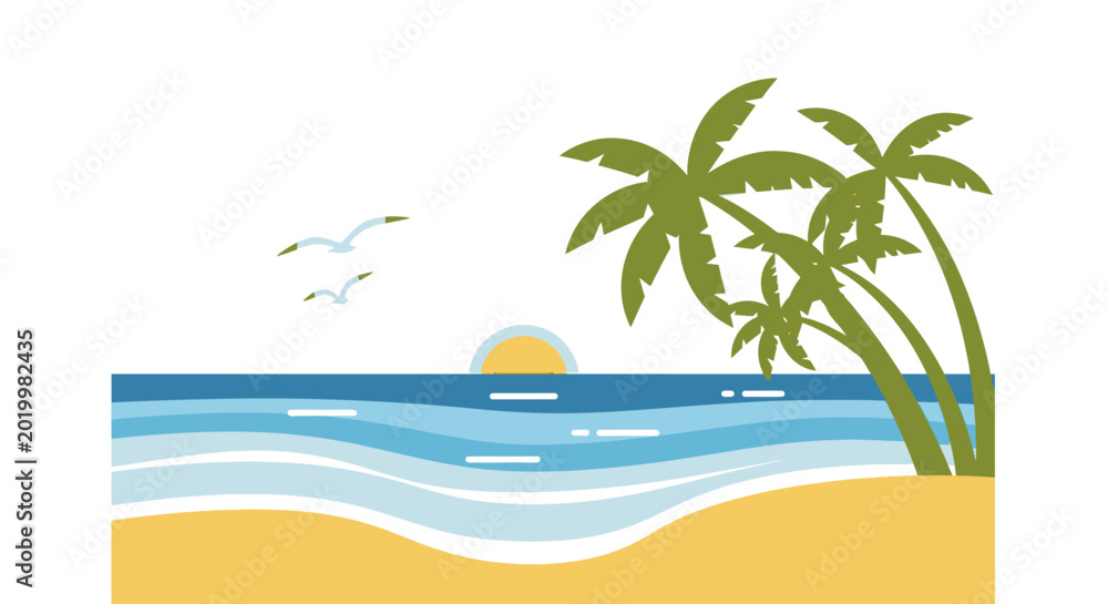 Obraz premium Coastal Paradise: Palm Trees, Sun, Ocean, Beach, Birds, and Tranquility