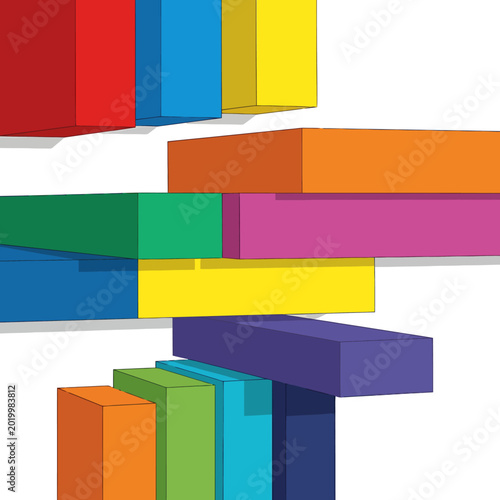 Abstract composition of colorful 3D rectangular blocks stacked in a geometric arrangement.