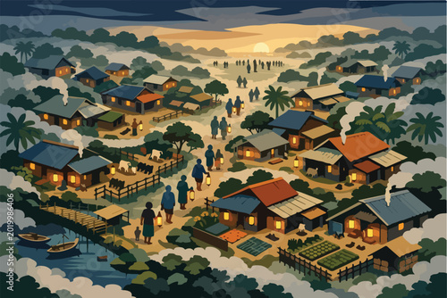Bild auf Leinwand Aerial View of Misty Rural Village at Pre-Dawn Eid al-Adha Morning with Silent F