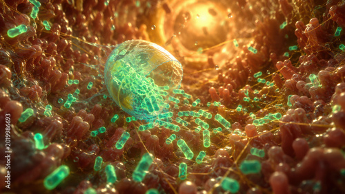 Image depicts vibrant representation of gut microbiota, showcasing various microorganisms interacting within biological environment. This visual