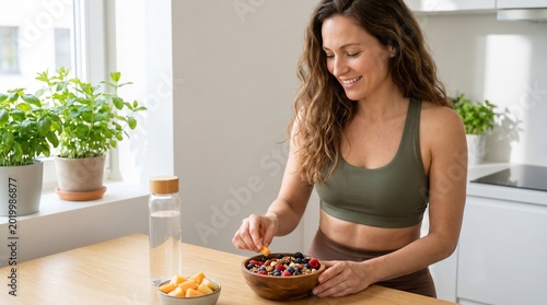 Happy athletic woman eating healthy fruit granola bowl in bright kitchen for morning wellness and fitness nutrition