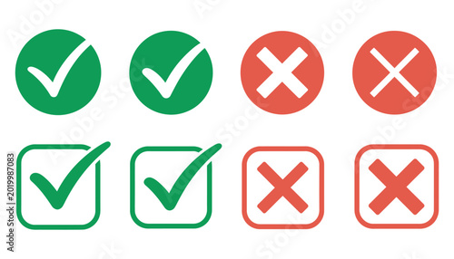 Fotografía Checkmark and cross icon set, yes and no symbols, correct and wrong indicators, success and failure status icons, approval and rejection vector illustration