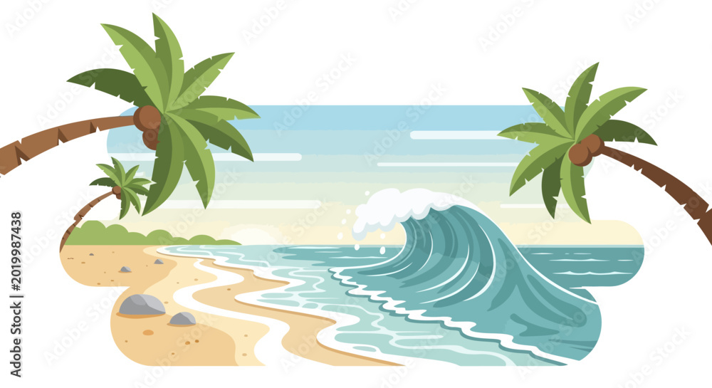 Obraz premium Tropical beach scene with palm trees and ocean wave illustration