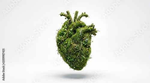 Artistic Rendering of a Green Plant Heart on White Background.