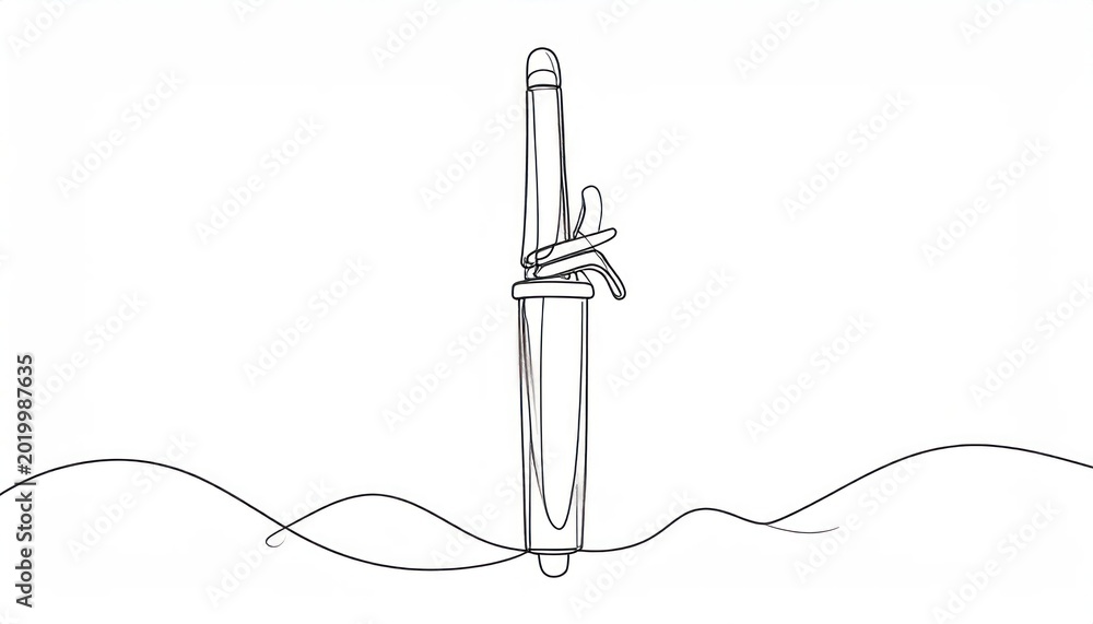 Obraz premium Continuous line art drawing of a modern hair curling iron a minimalist black outline illustration of a beauty tool for styling wavy hair.