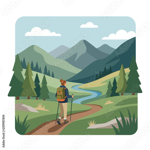 Hiker exploring scenic mountain landscape illustration