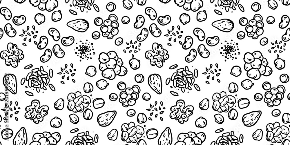 Fototapeta premium High fiber food seamless pattern. Sketch doodles . Whimsical food doodles, Hand drawn vector illustration for menu, packaging design. Simple sketch style. Top view.