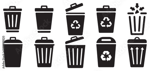 Fotografía Collection of different garbage can and waste bin icons for disposal  vector ill