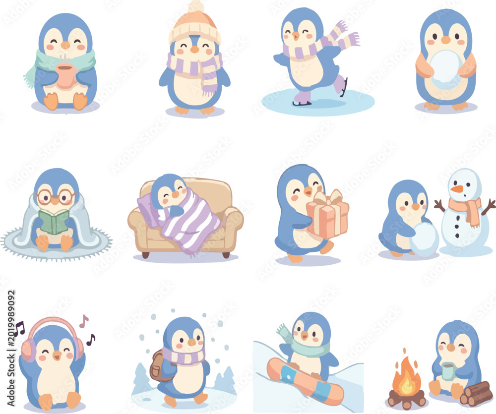 Fototapeta premium cute winter penguin character set with snow sports and cozy home activities