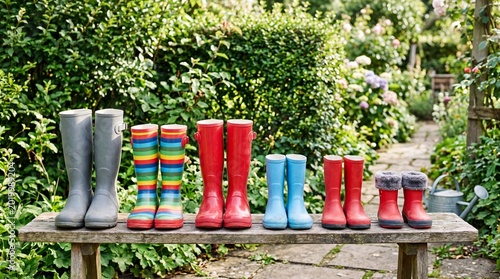 Colorful Rain Boots Lined Up on a Wooden Bench in a Garden.