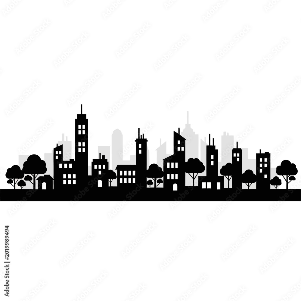 Obraz premium Cityscape Silhouette: Urban Skyline with Buildings and Trees