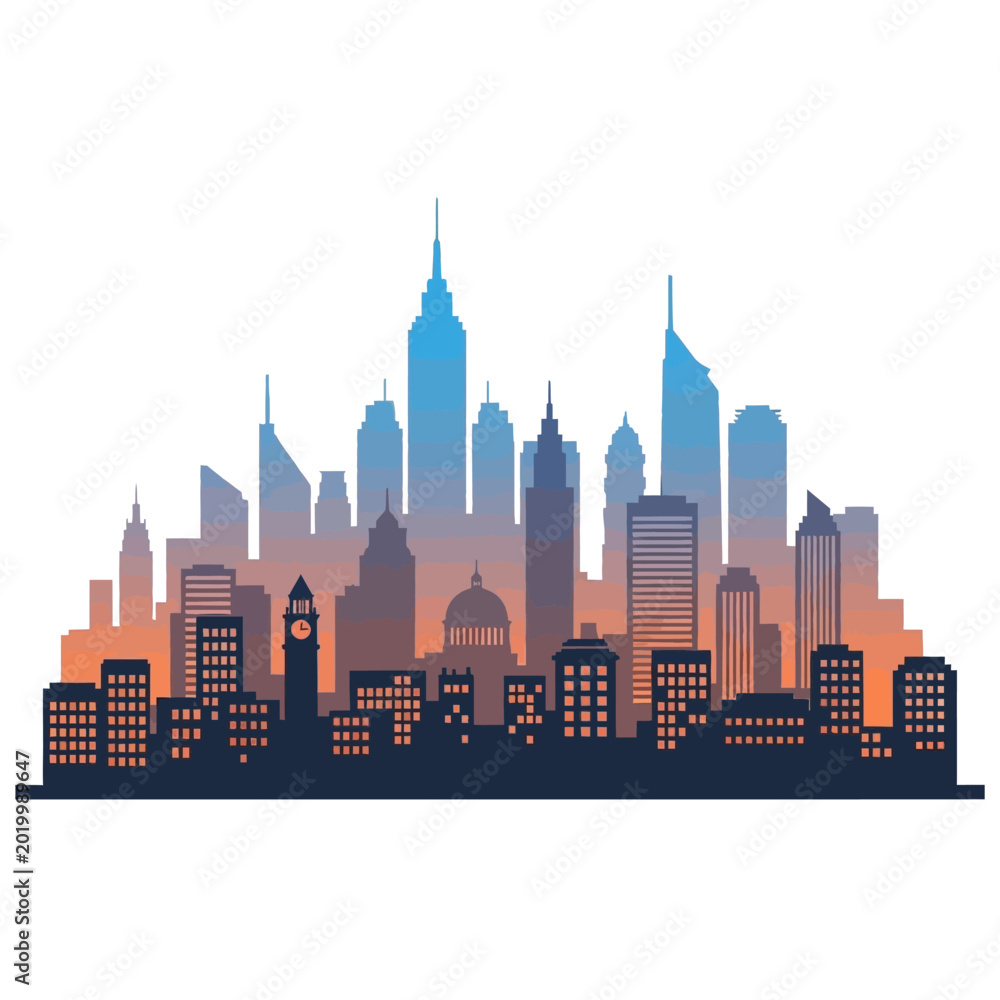 Obraz premium Cityscape Silhouette: Urban Skyline with Sunset Colors