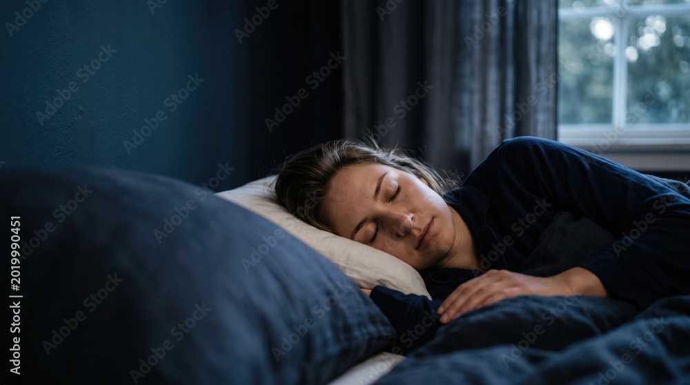 Fototapeta premium Woman sleeping peacefully on a pillow in a dark bedroom