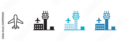 фотографія Airport control tower and airplane icon set, aviation symbols, airport infrastructure graphics, air traffic control and flight management concept, modern flat vector design