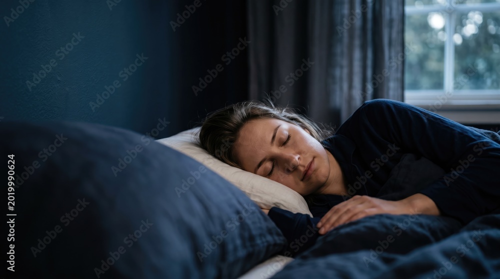 Fototapeta premium Woman sleeping peacefully in a dark bedroom with a window view