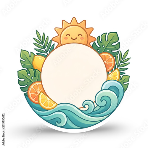 Vibrant Summer Frame with Smiling Sun, Tropical Leaves, Citrus Fruits, and Ocean Waves, Perfect
