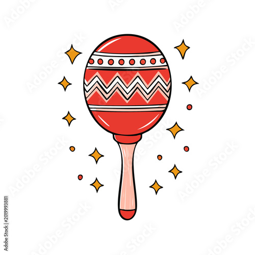 Vibrant red maraca with festive geometric patterns and sparkling light accents