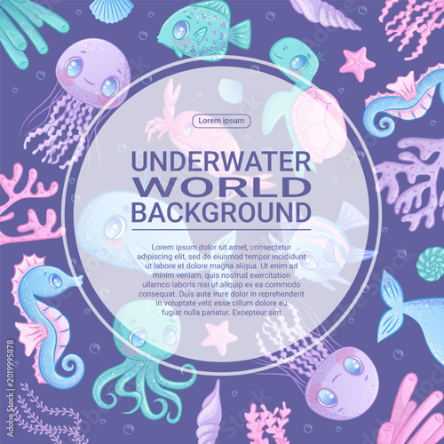 Colorful background with cute cartoon sea animals. Whale, jellyfish, octopus, fish, seahorse, turtle, crab, star. Children's vector illustration for the design of poster, flyer, postcard, invitation