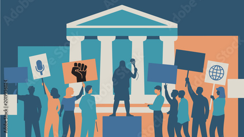 Photos Diverse group of activists protesting outside historic building, advocating social change, democratic participation and awareness, civic movement vector illustration concept