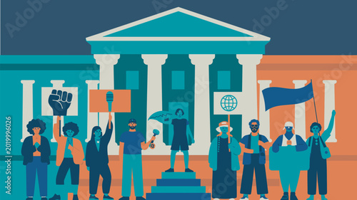 Fotografie Diverse group of activists protesting outside historic building, advocating social change, democratic participation and awareness, civic movement vector illustration concept