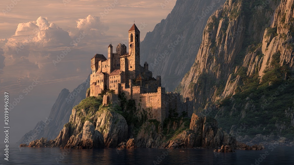 Obraz premium Majestic medieval castle perched dramatically atop a towering steep cliff, surrounded by a breathtaking landscape and evoking a powerful epic fantasy atmosphere