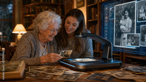 Granddaughter and grandmother digitizing old paper photos with a futuristic scanner in a cozy home library
