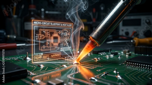 A soldering iron soldering a microcircuit board with a heat alert and blueprint overlay