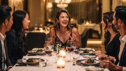 Happy woman enjoying dinner with friends at a fine dining restaurant, laughing and engaging in lively conversation around a beautifully set table. 