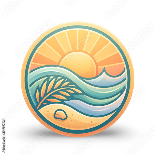 Vibrant Summer Beach Icon with Golden Sun, Blue Waves, and Tropical Palm on Sandy Shoreline