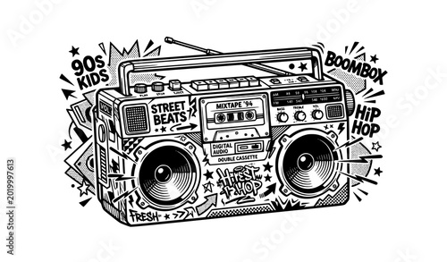 Bild auf Leinwand Black and white retro boombox cassette tape recorder 90s pop vector illustration
