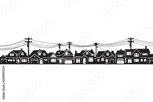 Foto Suburban neighborhood silhouette with residential houses and power lines, black