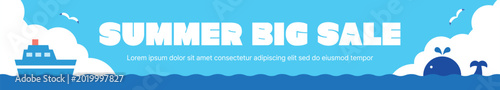 Summer big sale horizontal banner design featuring a cruise ship, a cute whale, and seagulls on blue ocean waves. Vibrant flat vector illustration with bold typography and copy space for seasonal mark