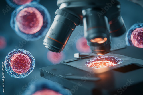 Close up view of a microscope examining biological cells, highlighting advanced scientific research and cellular analysis. Modern laboratory technology enables groundbreaking discoveries in biology