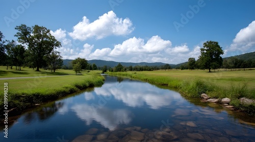 A wide tranquil stream reflects the bright blue sky and fluffy clouds as it winds through a lush green meadow under a clear summer sun