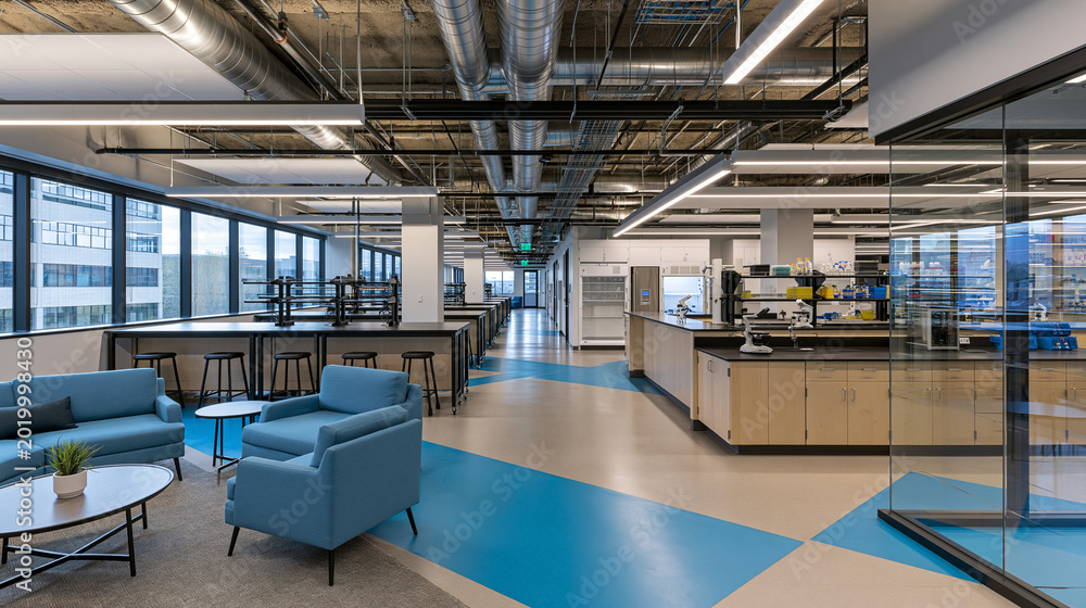 Naklejka premium Modern Office Interior Design: Open Layout Workspace with Blue Accents, Lighting & Cozy Atmosphere in Commercial Building