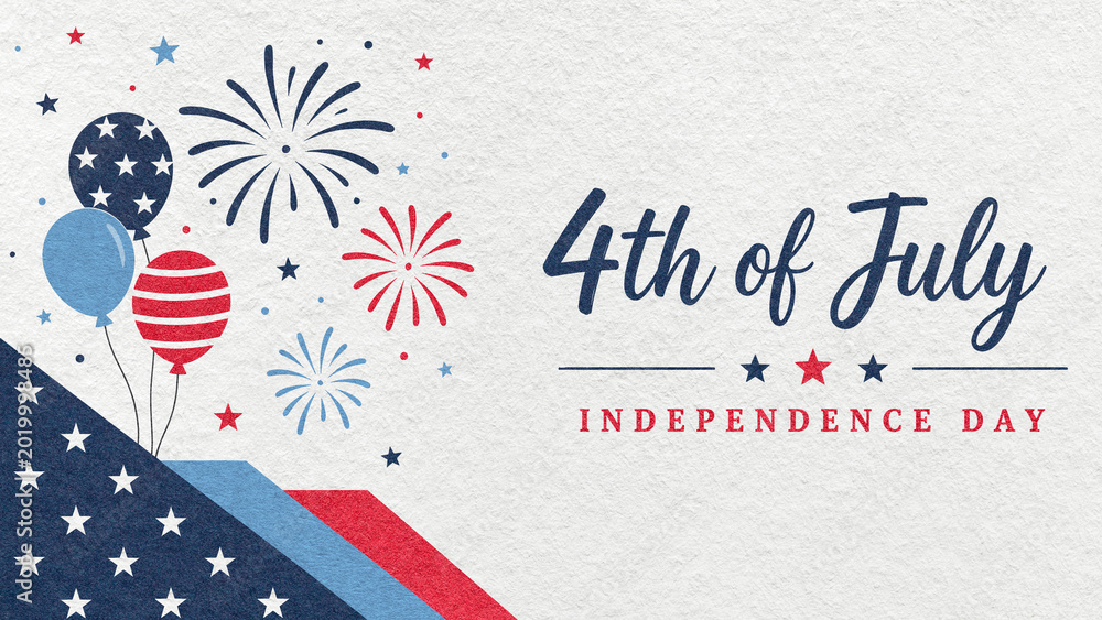 Fototapeta premium 4th of July Independence Day greeting card with white textured paper background, red blue fireworks and balloons