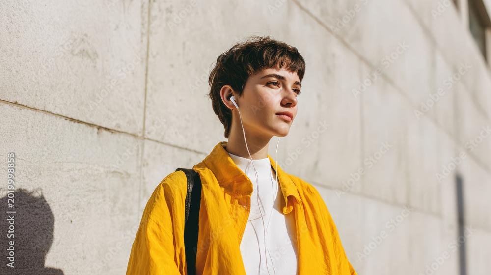 Obraz premium Young woman short hair yellow jacket earphone backpack urban street style trendy