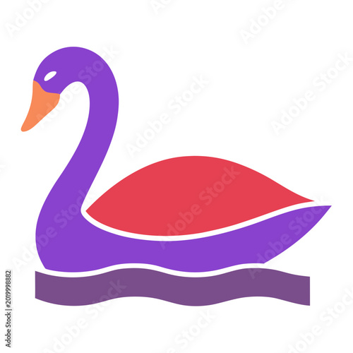 Foto Stylized purple swan floating on wavy purple water with red body and orange beak flat design