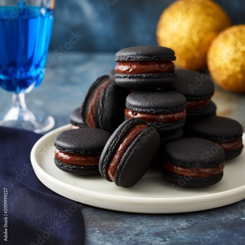 Delicious Black Macaron Desserts Arranged on a Plate With Drinks and Decorati...