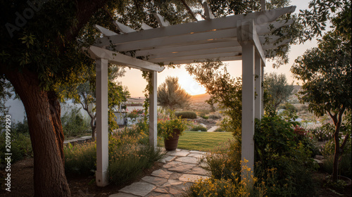 Pergola garden sunset pathway tree landscape white wooden pergola beside garden pathway sunset, calm landscape tree shade