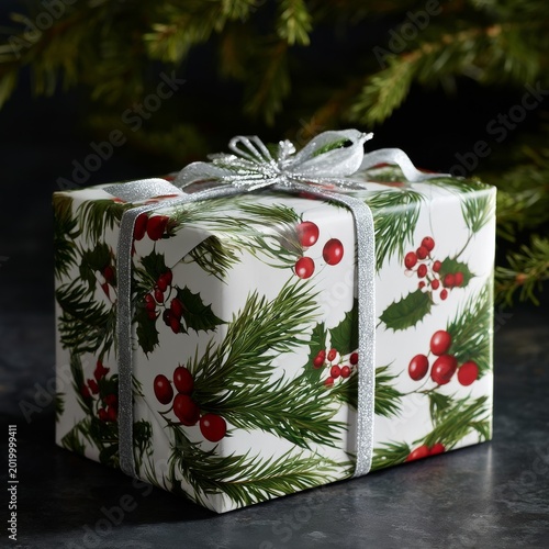 Gift Box With Holiday Wrapping and Decorative Bow Placed on a Dark Surface Du...